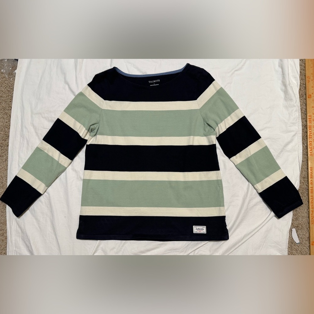 Talbots Navy, beige & green wide striped thick cotton blouse